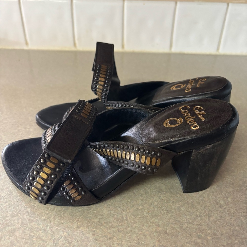 Calleen Cordero Mesa Coastal Cowgirl Boho Studded Luxury Wooden Heel Sandals 7.5 - Picture 4 of 10